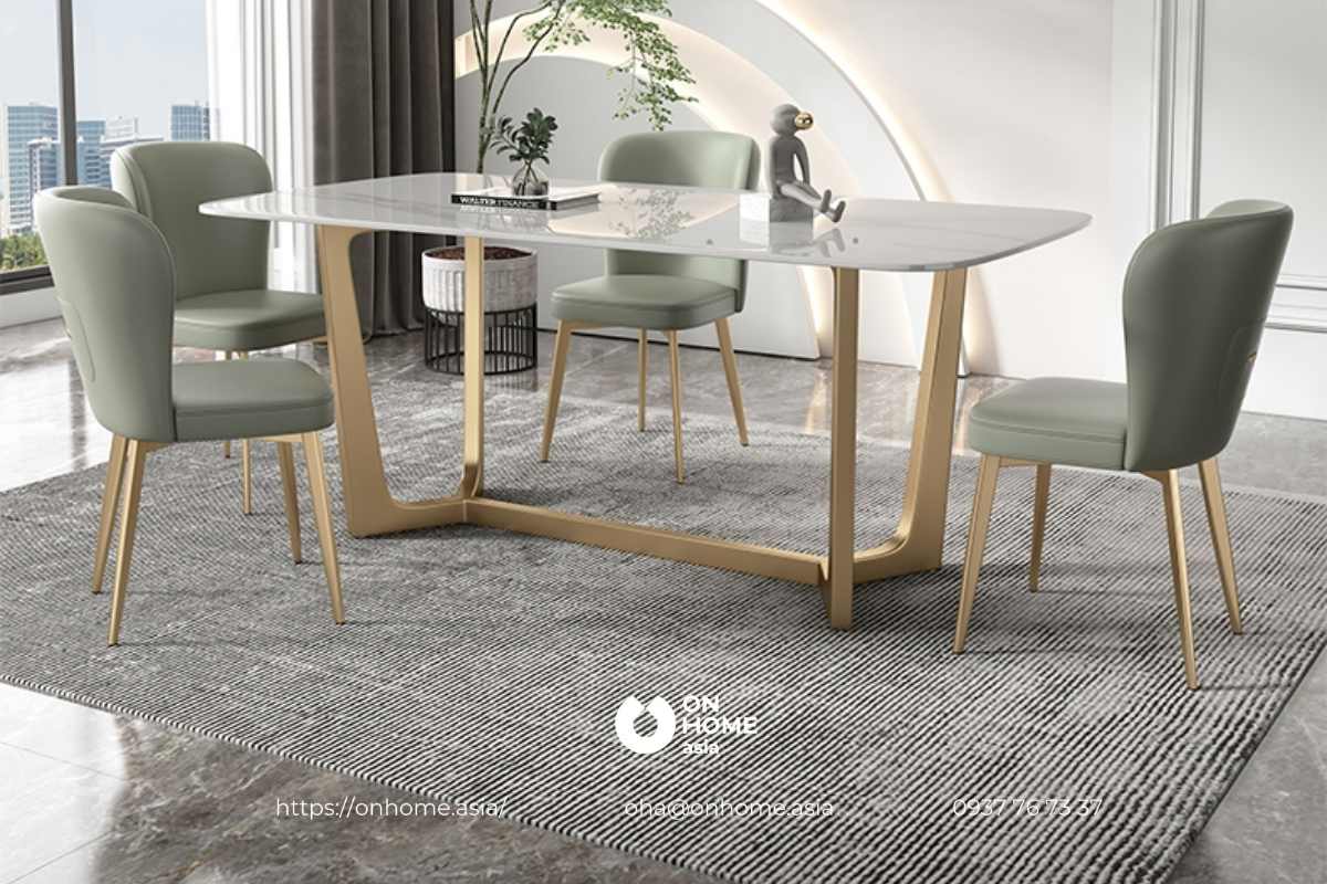 Bàn ăn mặt đá Ceramic chân mạ ánh kim cao cấp