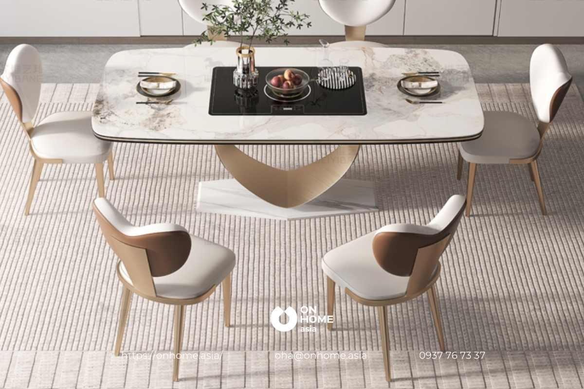 Bộ bàn ăn 6 ghế màu trắng kết hợp nâu gỗ sang trọng, tinh tế