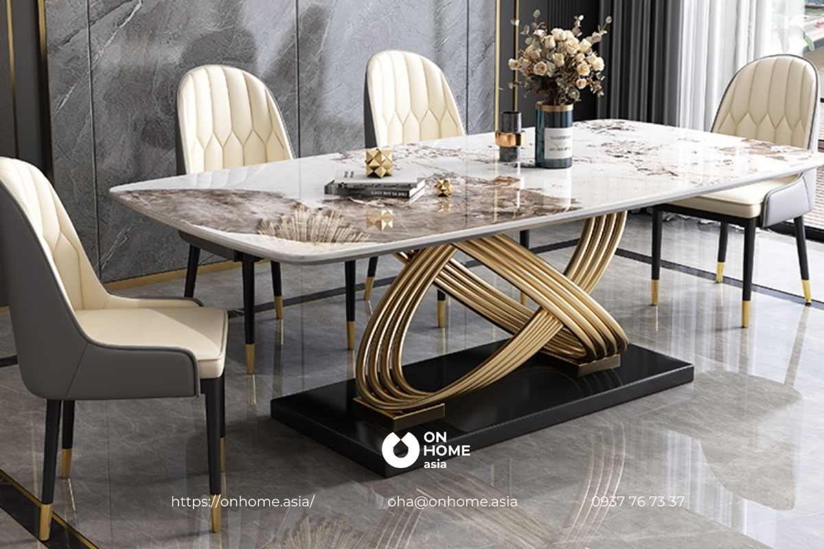 Bộ bàn ăn mặt đá chân kim loại sang trọng, tinh tế