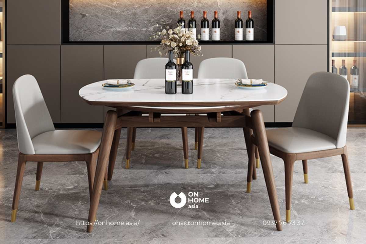Bàn ghế ăn gỗ Óc Chó mặt đá thiết kế thông minh sang trọng