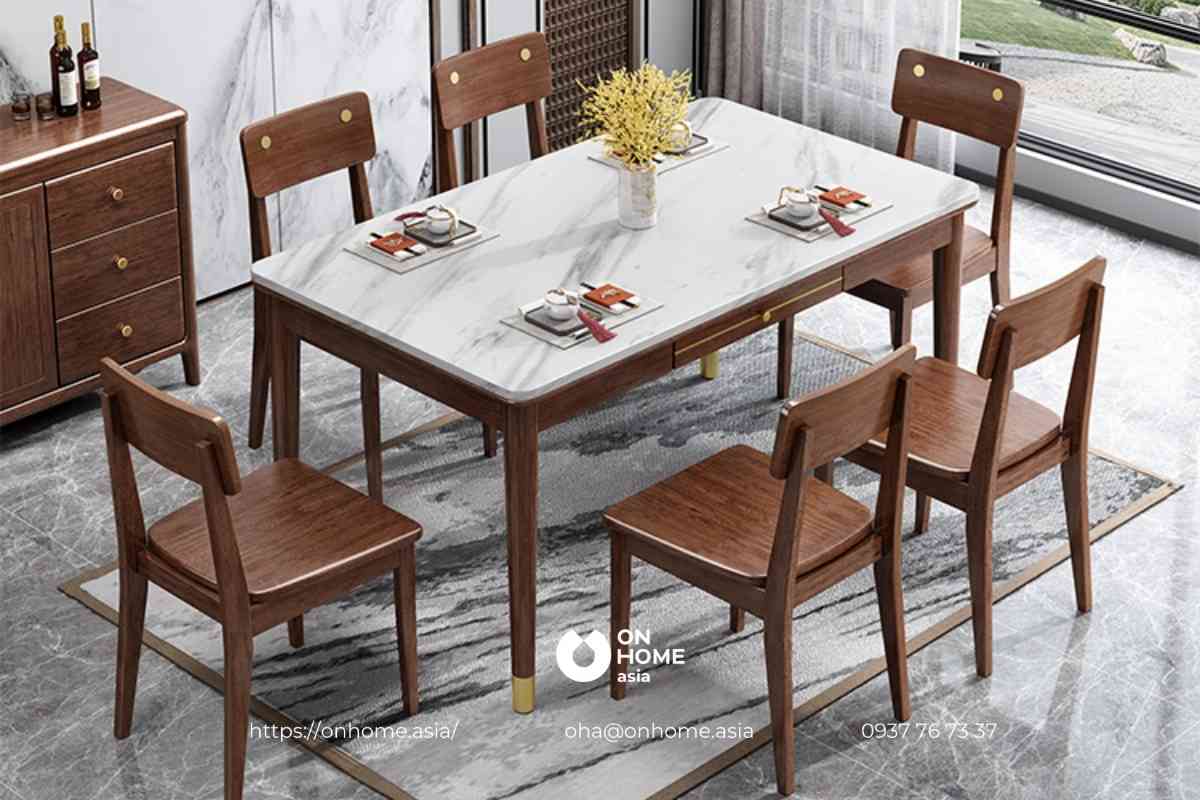 Bàn ghế ăn bằng gỗ Óc Chó mặt đá nhập khẩu