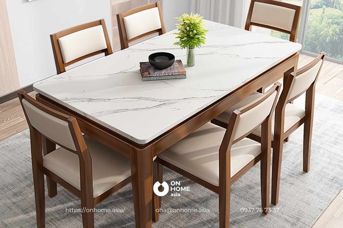 Bộ bàn ăn gỗ Óc Chó mặt đá thiết kế sang trọng