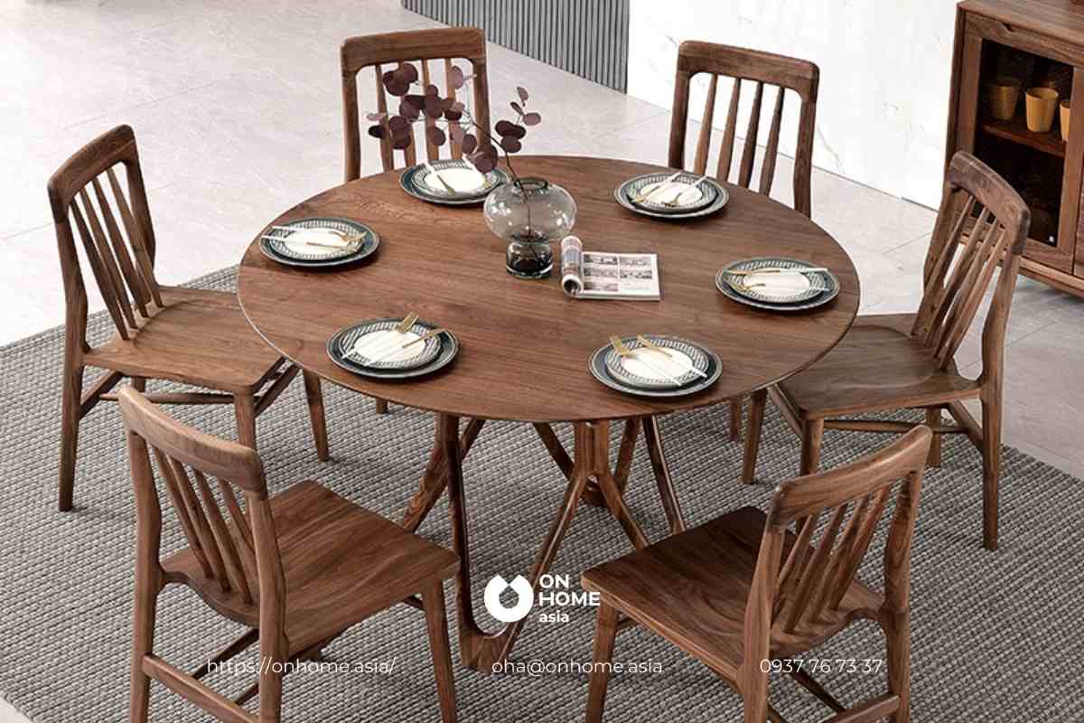 Bộ bàn ăn 6 ghế ăn gỗ Óc Chó hình tròn cao cấp