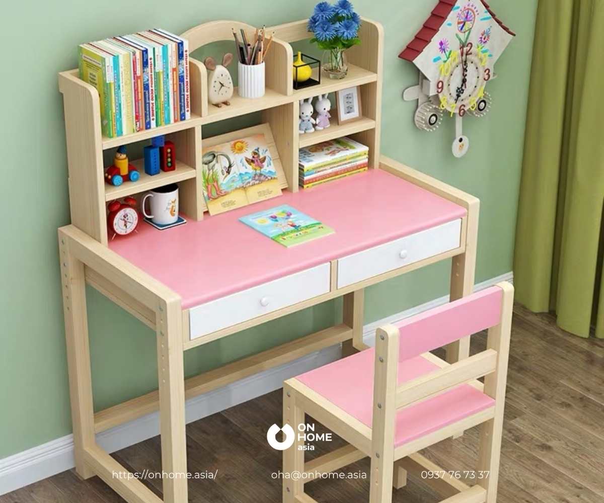 Bàn học cho bé gái tiểu học màu hồng