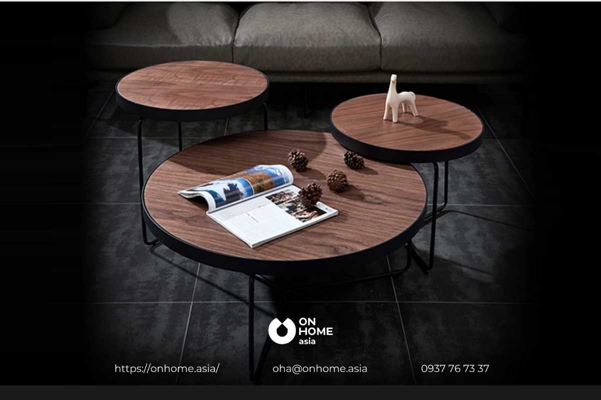 Bàn trà tròn gỗ Óc Chó kết hợp chân kim loại dạng xoay tiện lợi