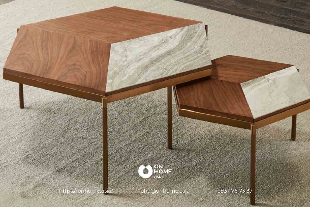 Bàn trà đôi bằng gỗ Óc Chó thiết kế hình lục giác đều