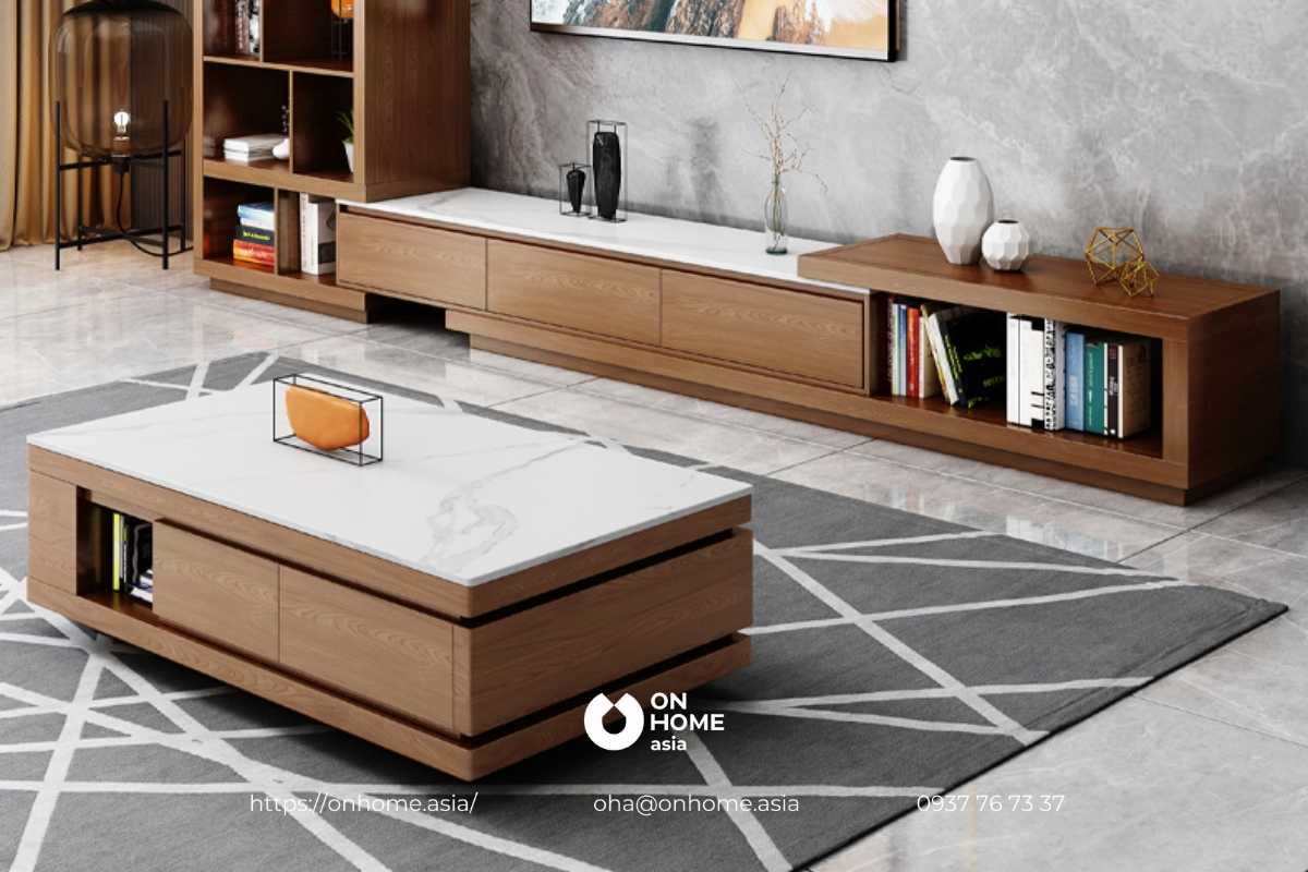 Mẫu bàn trà gỗ Óc Chó hình chữ nhật thiết kế thông minh tiện lợi