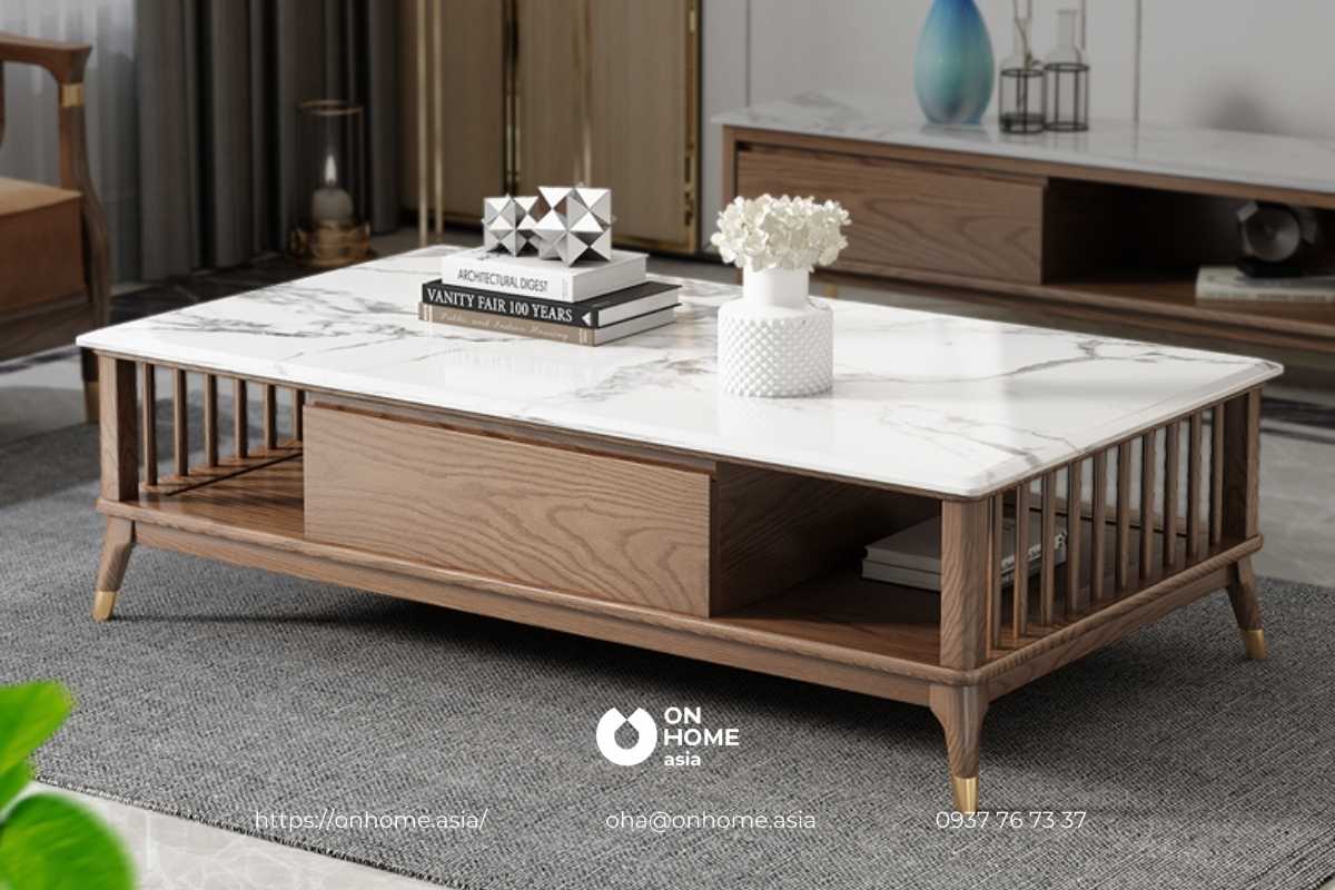 Mẫu bàn trà gỗ Óc Chó kết hợp mặt đá cao cấp