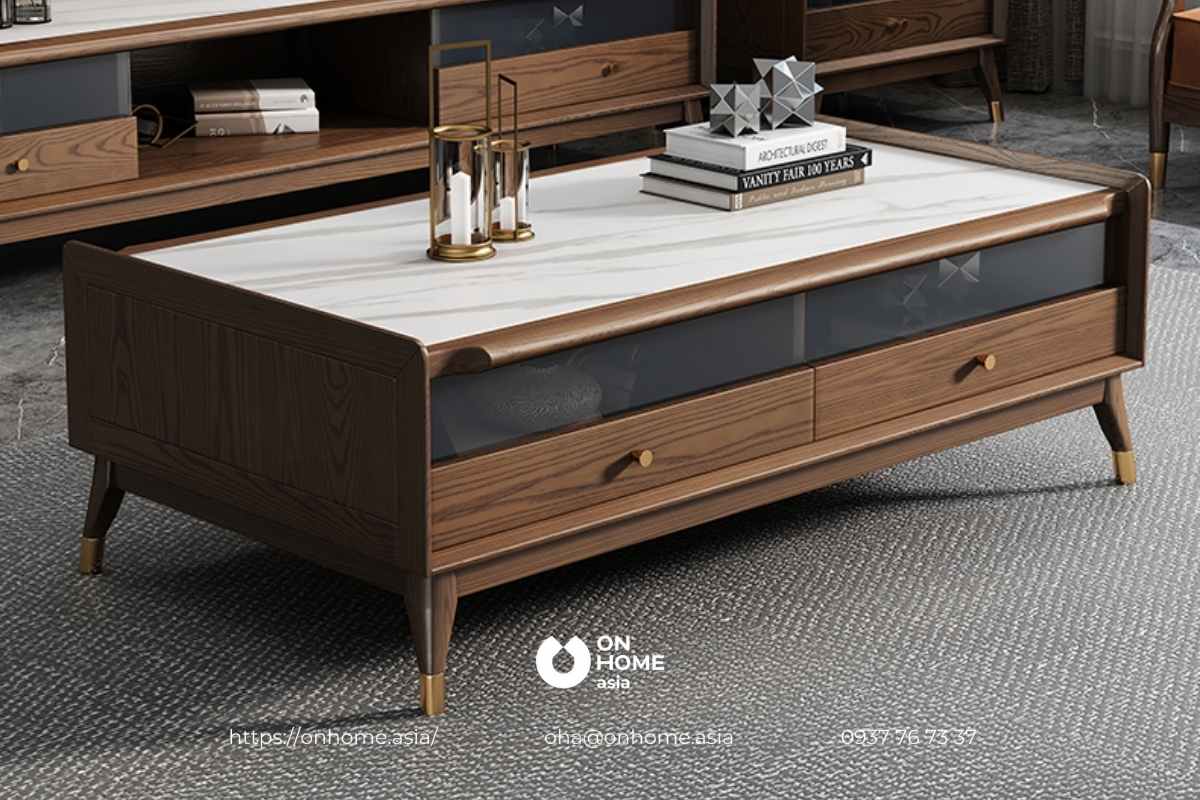 Mẫu bàn trà gỗ Óc Chó kết hợp mặt đá cao cấp