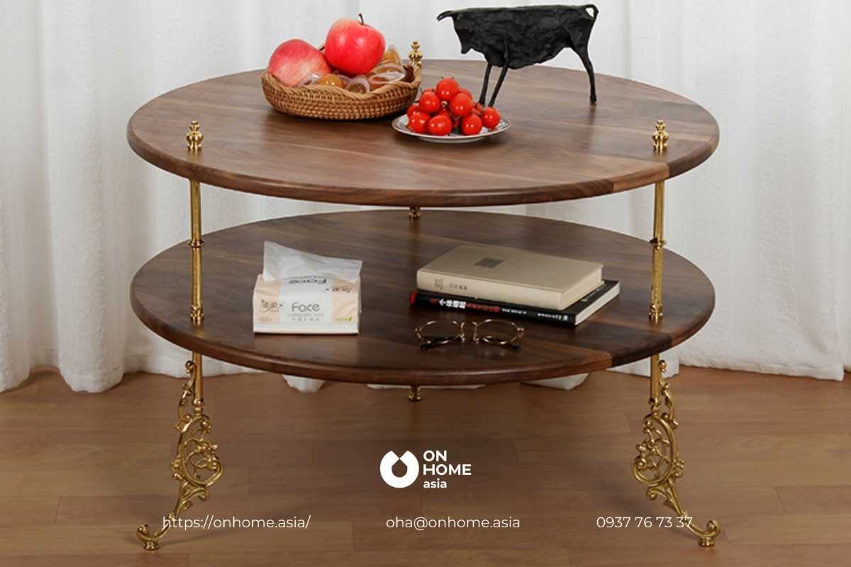 Bàn sofa tròn gỗ Óc Chó thiết kế 2 tầng