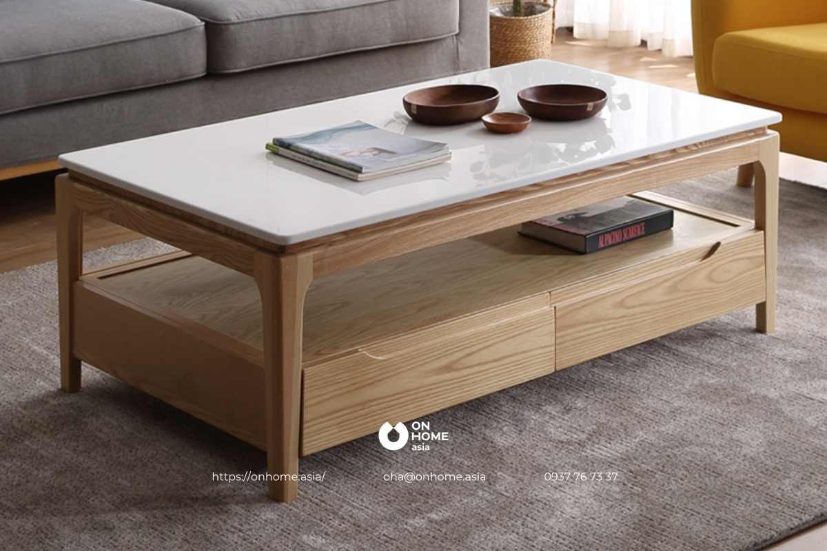 Bàn trà hình chữ nhật bằng gỗ công nghiệp kết hợp mặt đá cao cấp