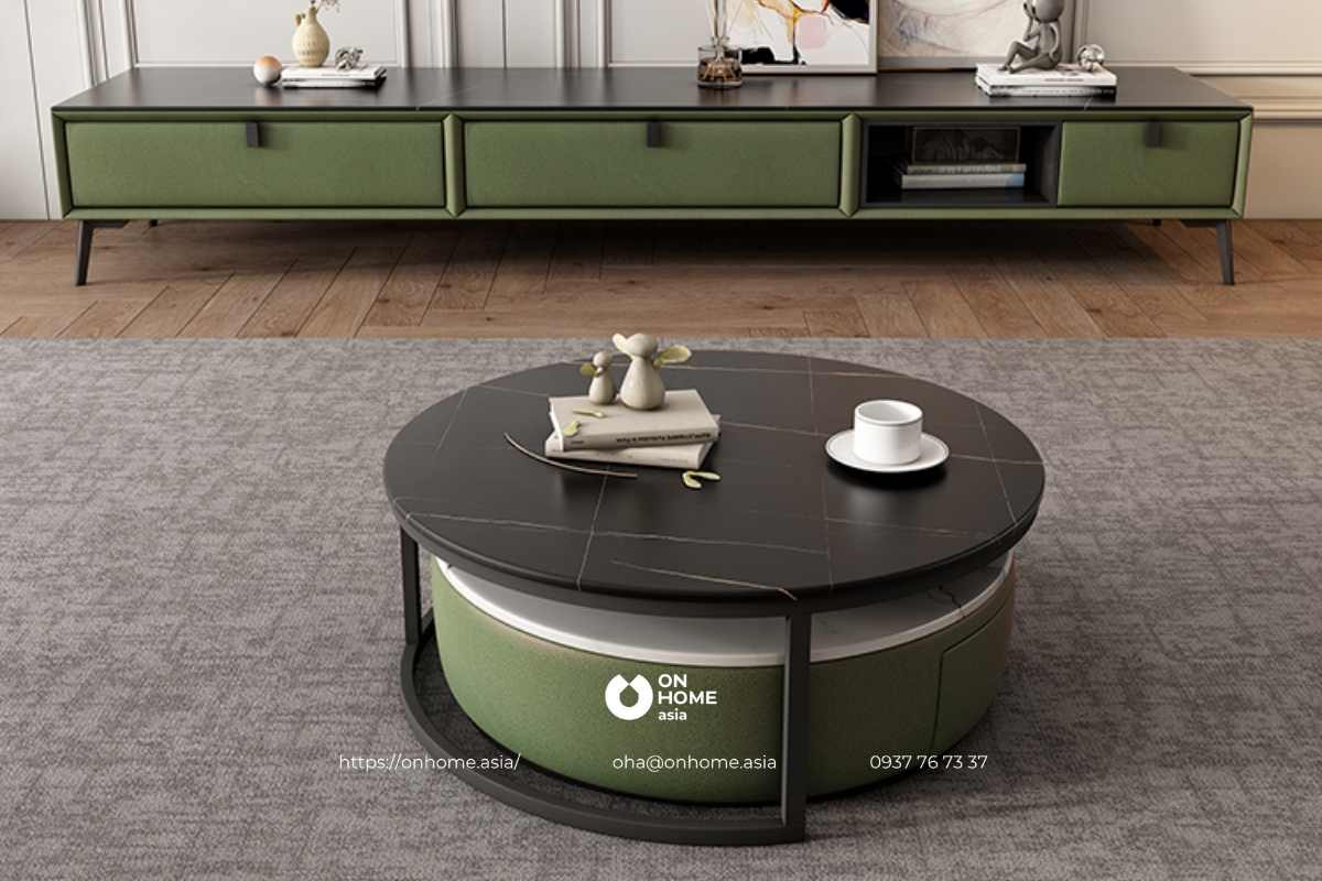 Bàn trà tròn màu xanh và đen kết hơp đẹp