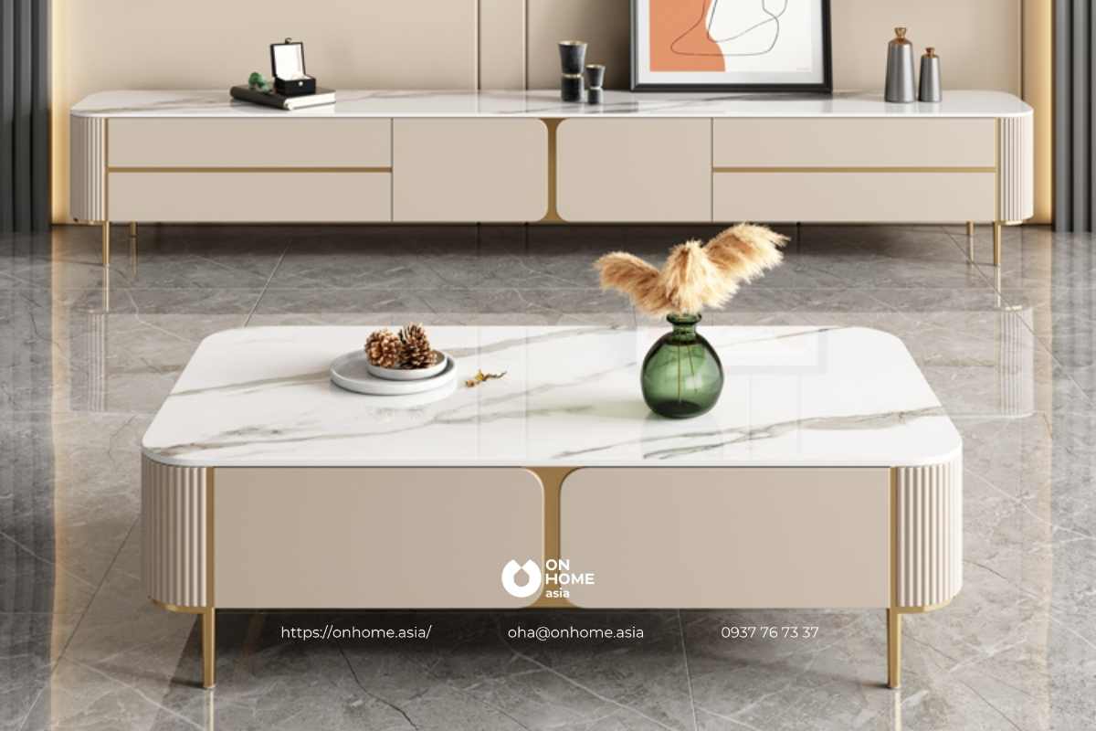 Bàn trà khung sắt kết hợp mặt đá sang trọng