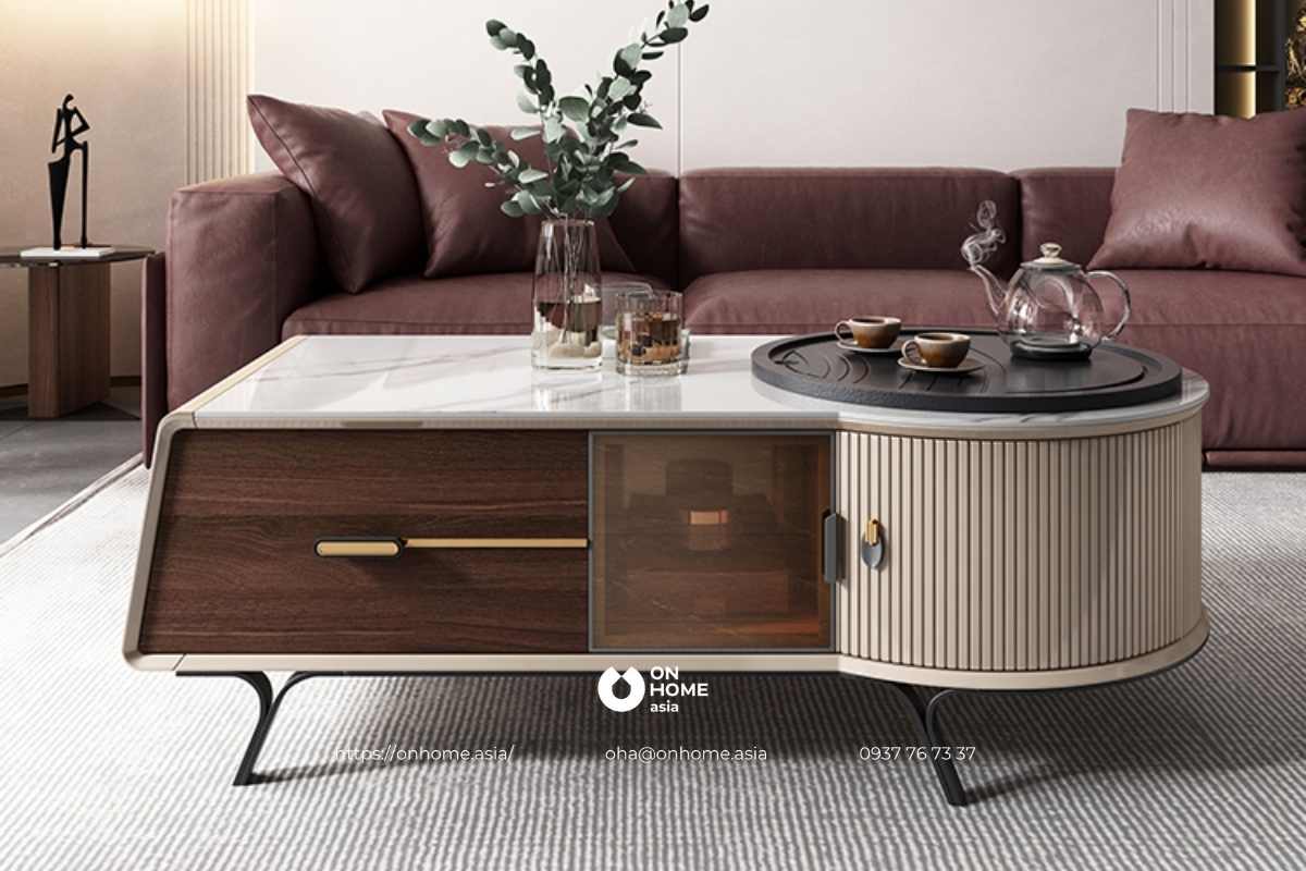 Bàn trà gỗ kết hợp kính cao cấp thiết kế độc lạ