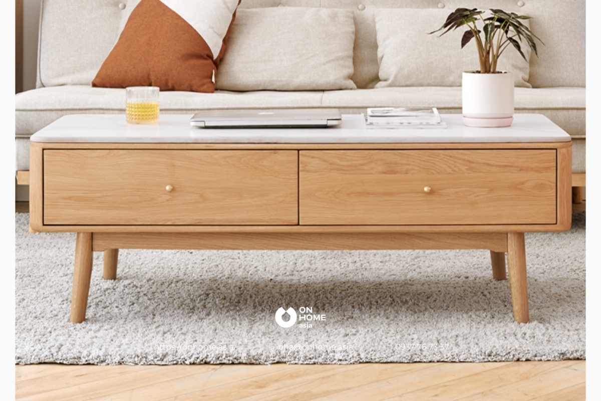 Bàn trà gỗ kết hợp mặt đá tinh tế, hiện đại