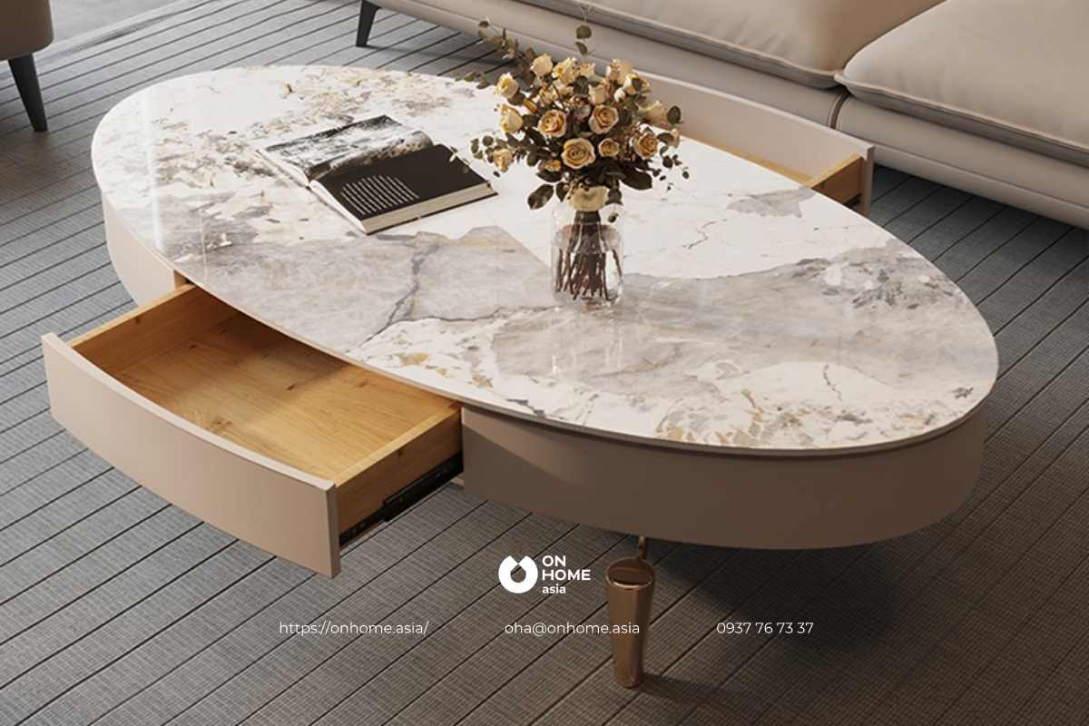 Bàn trà gỗ công nghiệp hình bầu dục đẹp