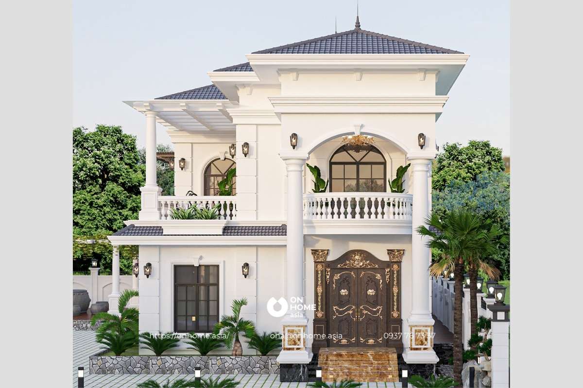 Thiết kế biệt thự chữ L 2 tầng 150m2 phong cách Tân Cổ Điển