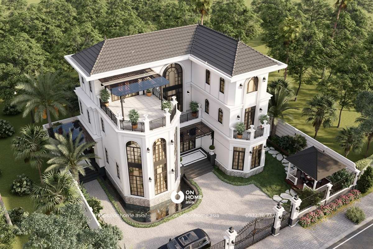 Thiết kế biệt thự kiểu Pháp 3 tầng có sân vườn đẹp