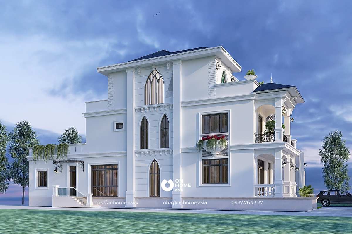 Nhà biệt thự 3 tầng mái Thái phong cách Tân Cổ Điển
