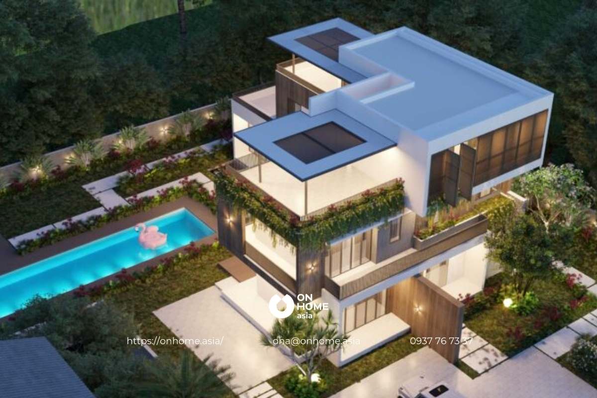 Biệt thự nhà vườn 2 tầng có hồ bơi hiện đại