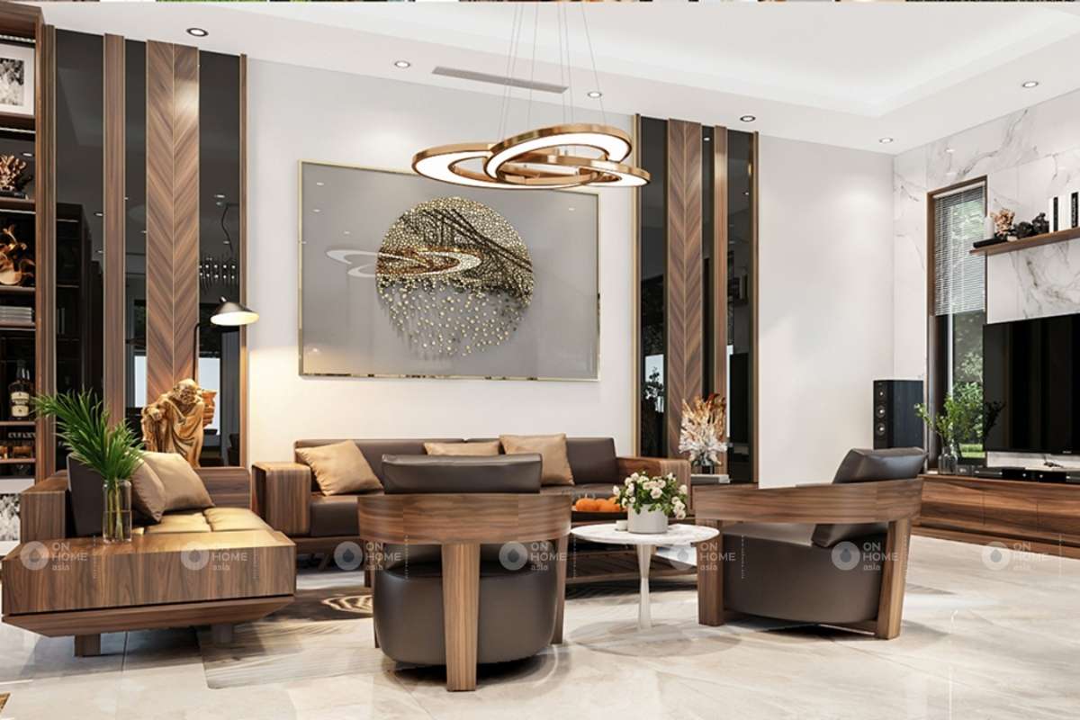 Cách bố trí bàn ghế gỗ phòng khách biệt thự 