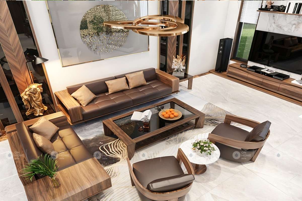 Cách kê bàn ghế gỗ phòng khách biệt thự hiện đại