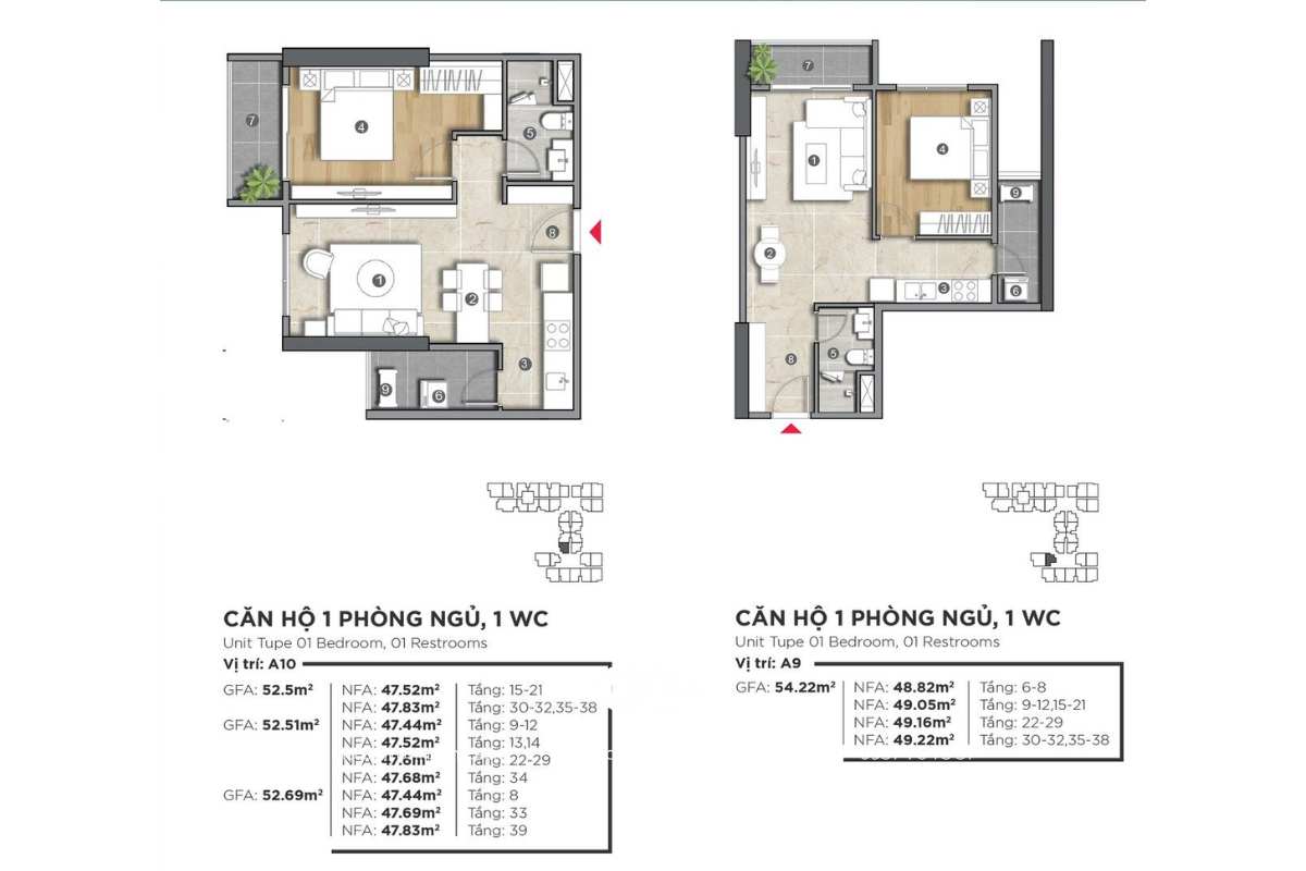 Mặt bằng căn hộ 1 phòng ngủ 1 WC dự án The Emerald Golf View