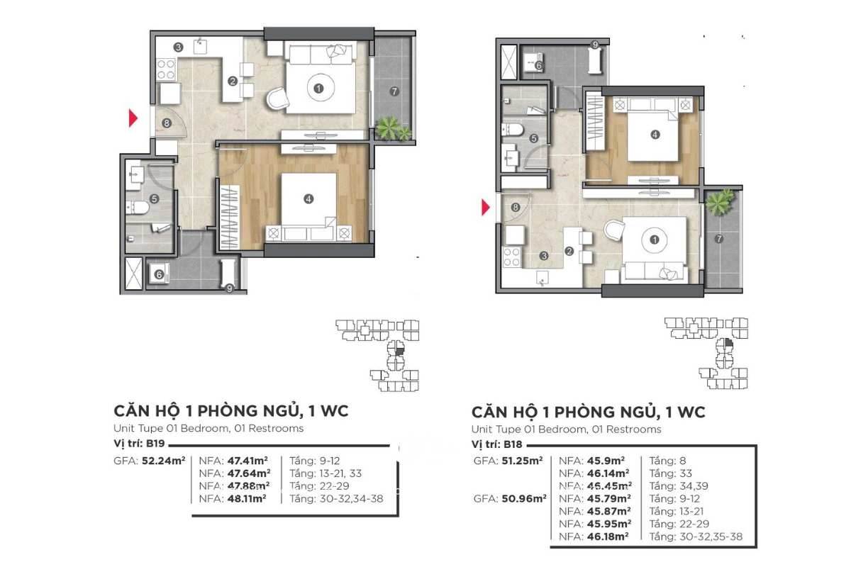 Mặt bằng căn hộ 1 phòng ngủ 1 WC dự án The Emerald Golf View