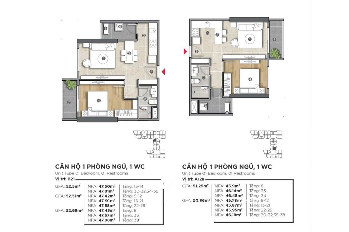Mặt bằng căn hộ 1 phòng ngủ 1 WC dự án The Emerald Golf View