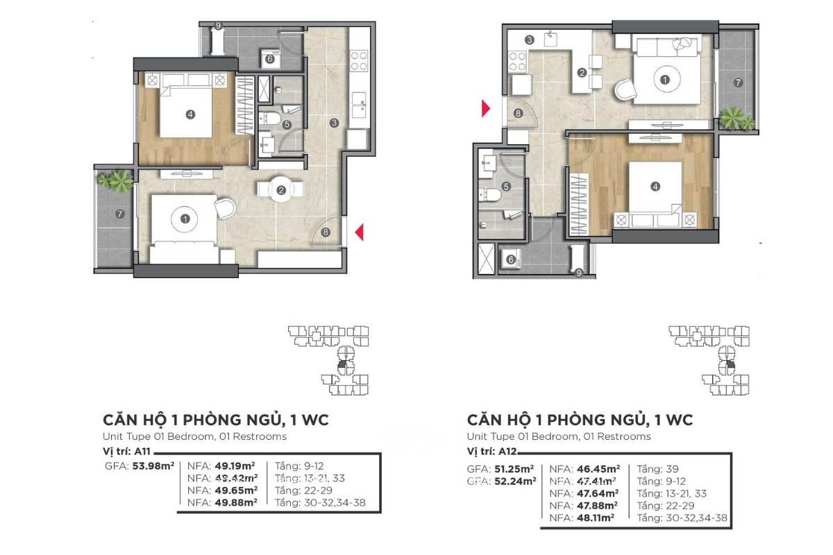Mặt bằng căn hộ 1 phòng ngủ 1 WC dự án The Emerald Golf View