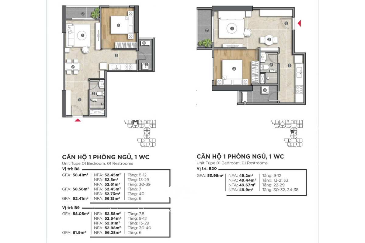 Mặt bằng căn hộ 1 phòng ngủ 1 WC dự án The Emerald Golf View