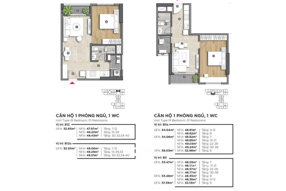 Mặt bằng căn hộ 1 phòng ngủ 1 WC dự án The Emerald Golf View