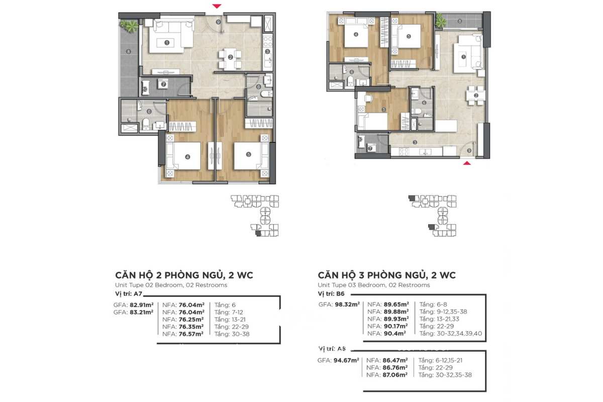 Mặt bằng căn hộ 2 phòng ngủ 2 WC dự án The Emerald Golf View