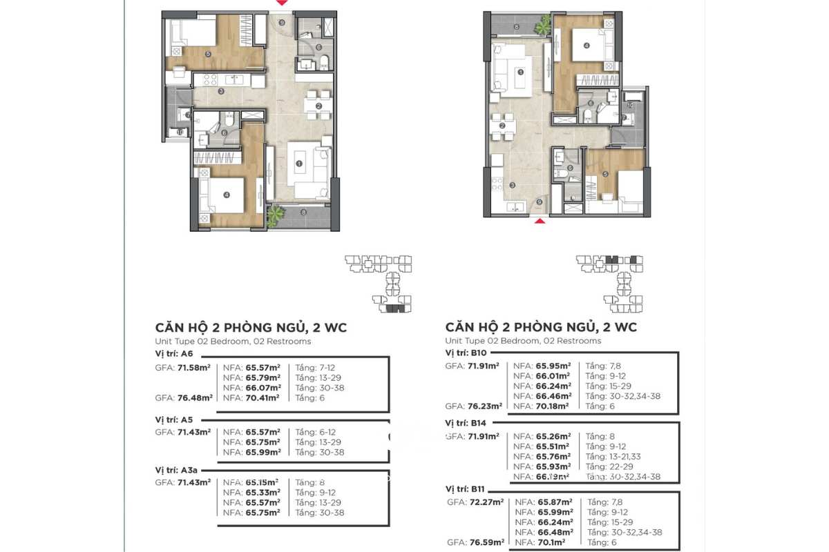Mặt bằng căn hộ 2 phòng ngủ 2 WC dự án The Emerald Golf View