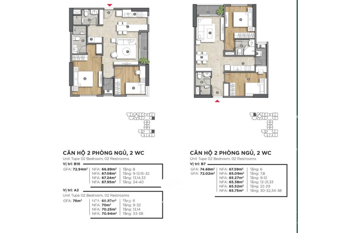 Mặt bằng căn hộ 2 phòng ngủ 2 WC dự án The Emerald Golf View