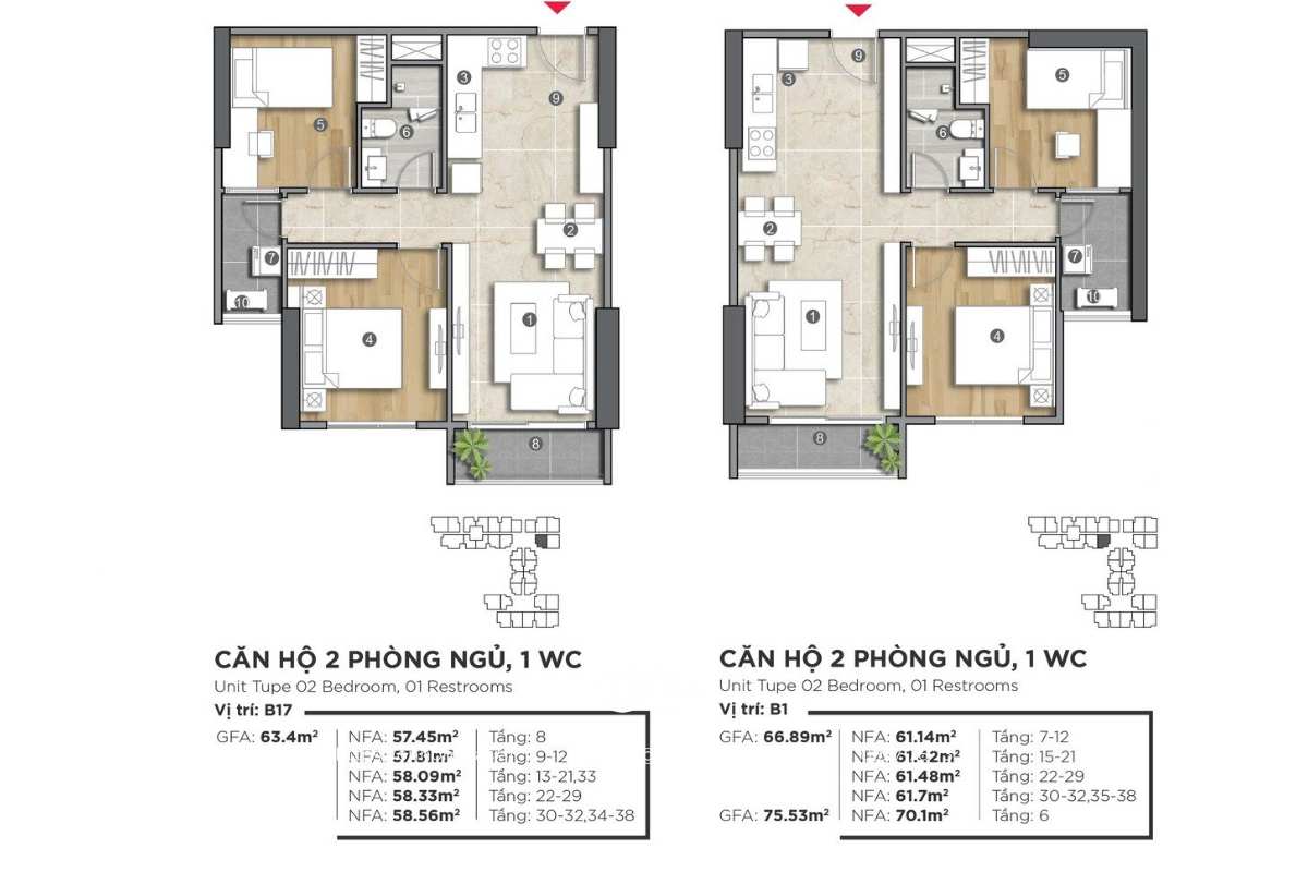 Mặt bằng căn hộ 2 phòng ngủ 1 WC dự án The Emerald Golf View