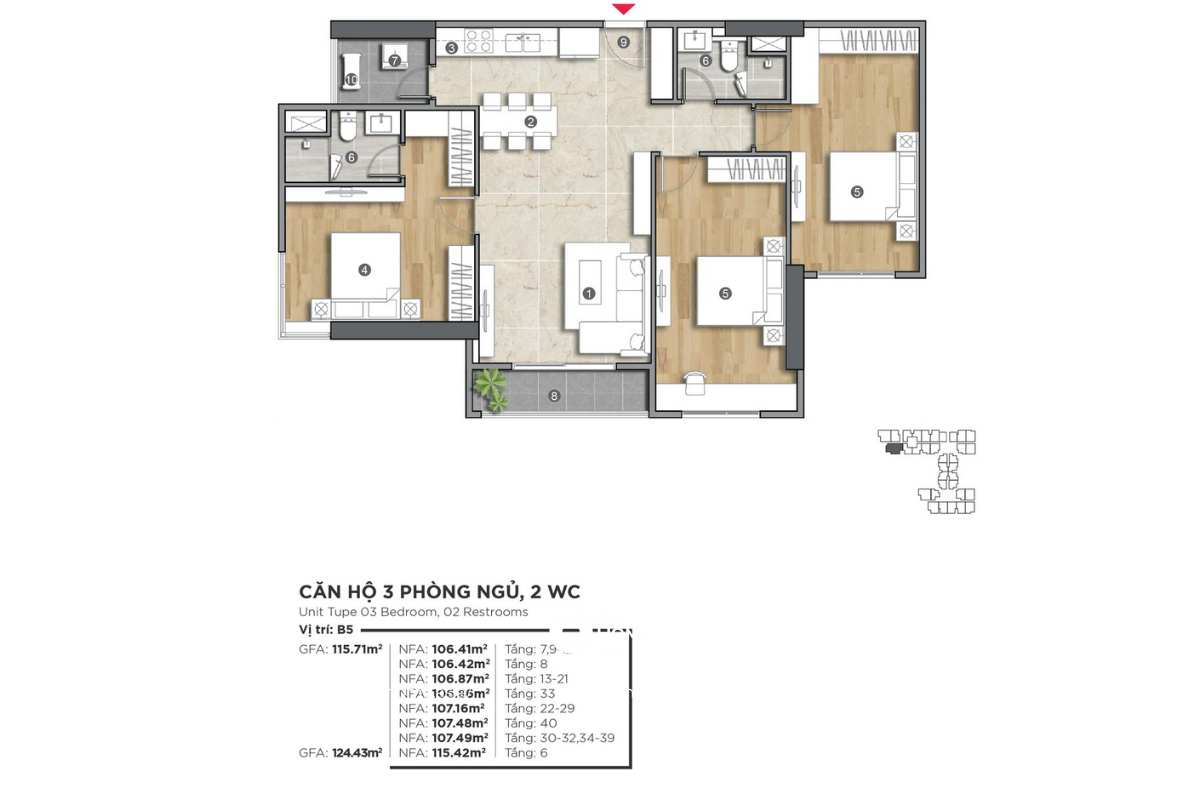 Mặt bằng căn hộ 3 phòng ngủ 2 WC dự án The Emerald Golf View