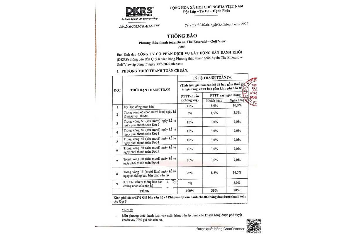 The Emerald Golf View có phương thức thanh toán hấp dẫn