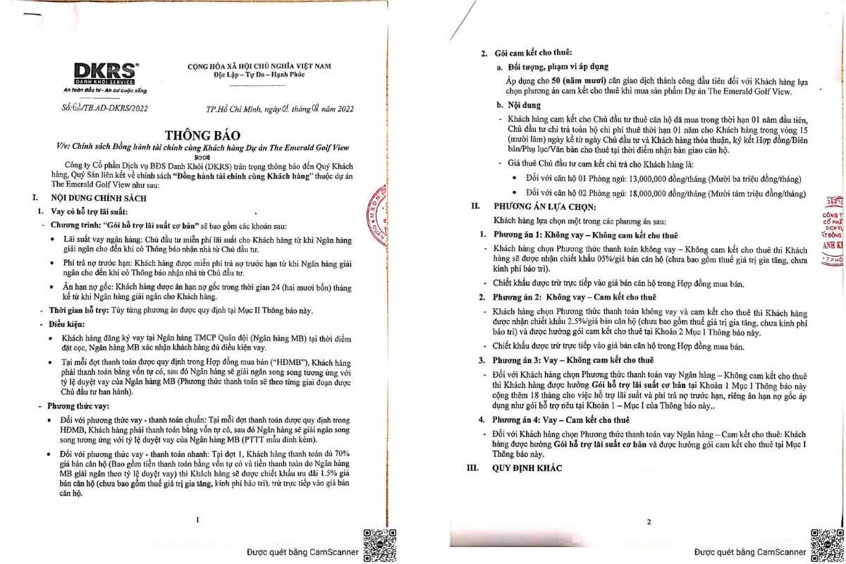 Phương thức thanh toán linh hoạt của dự án The Emerald Golf View