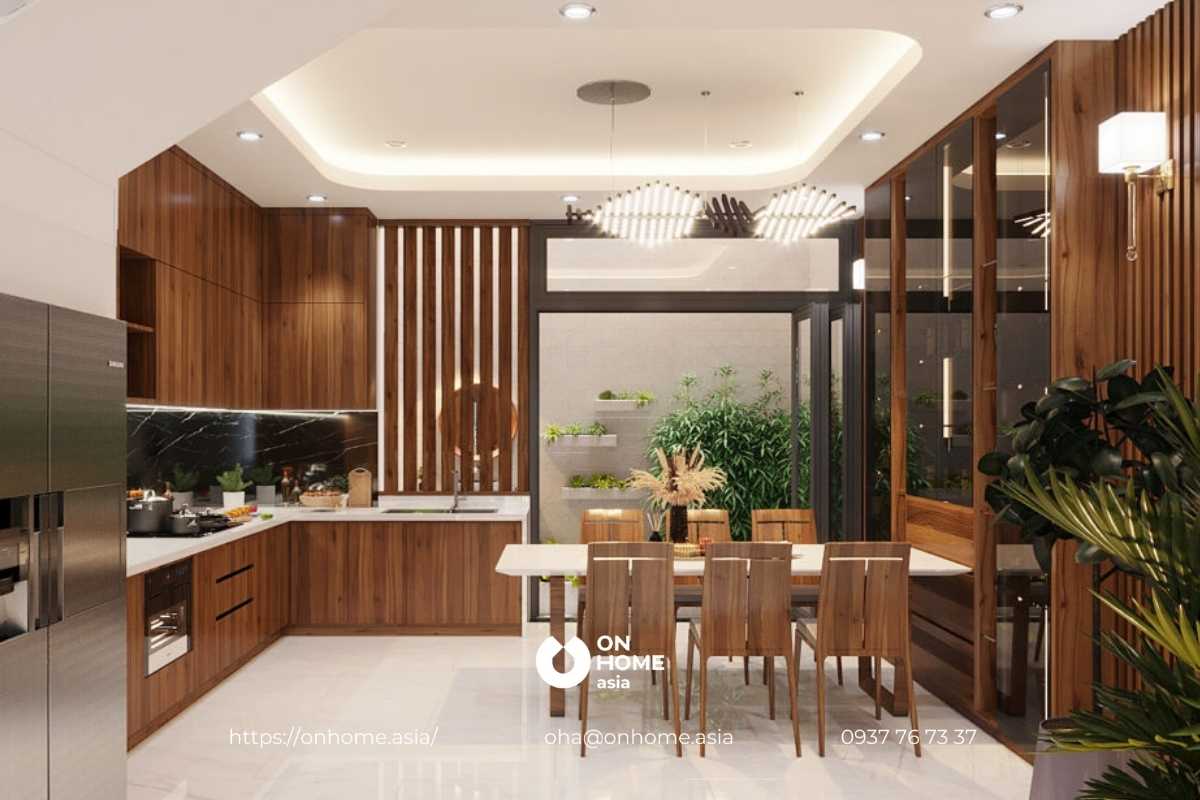 Không gian phòng bếp gỗ Óc Chó đẹp