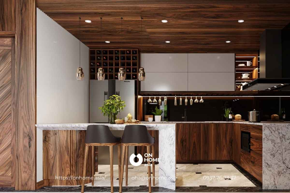 Tủ bếp kết hợp giữa gỗ Óc Chó và đá sang trọng