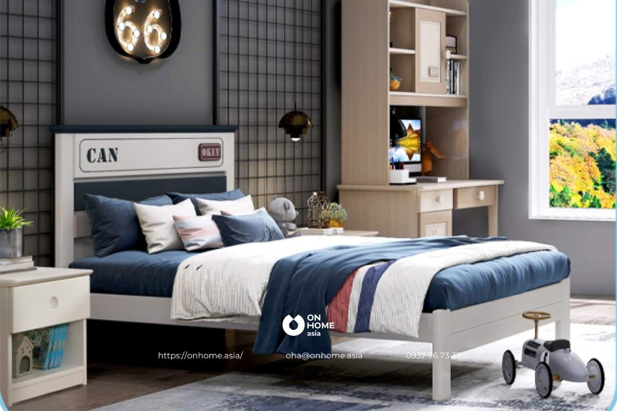 Giường gỗ công nghiệp màu trắng dành cho bé trai 11 tuổi