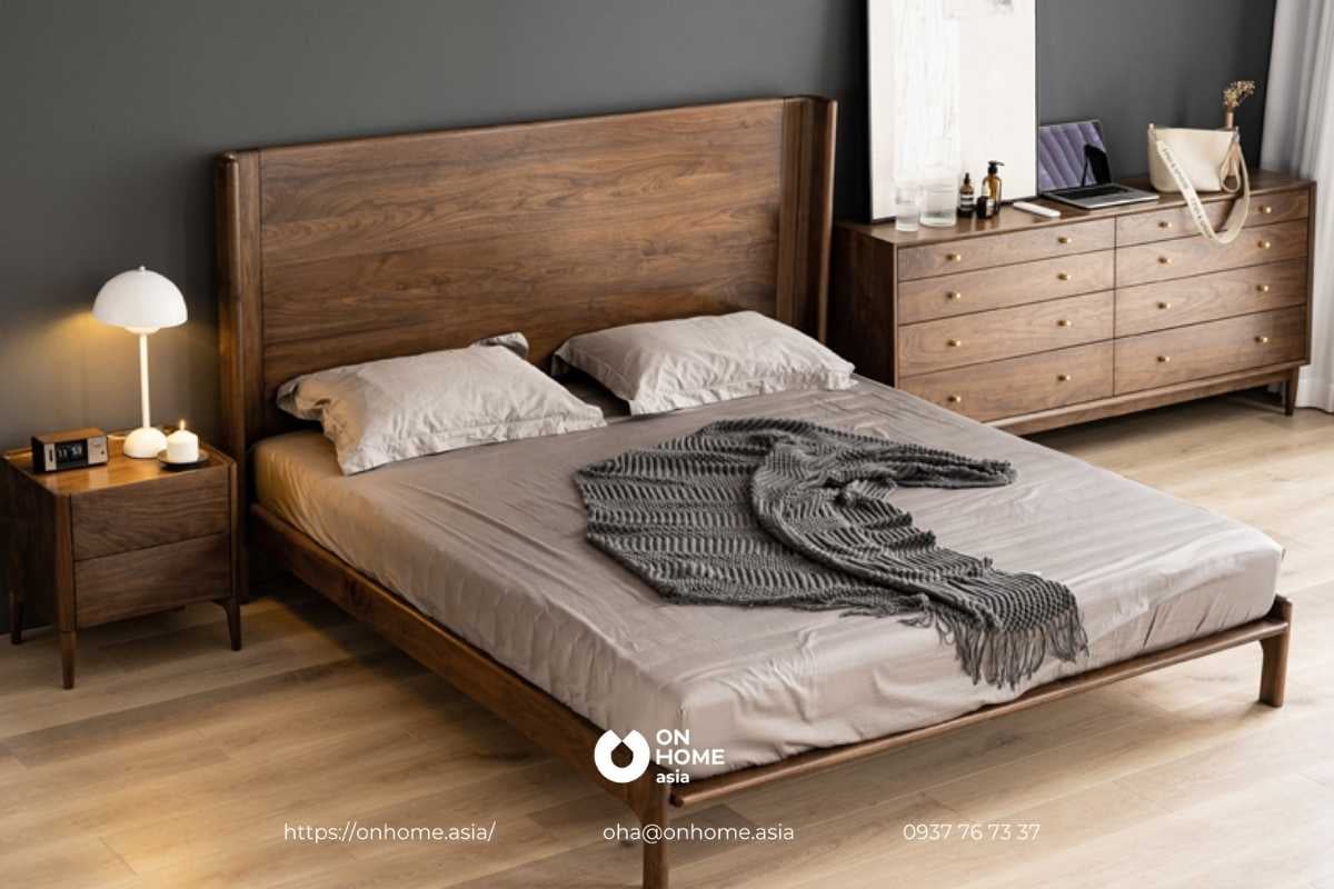 Giường gỗ Óc Chó tinh tế, sang trọng theo phong cách tối giản