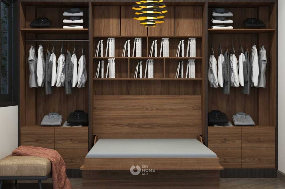 Giường ngủ kết hợp với tủ quần áo thông minh màu gỗ đẹp.