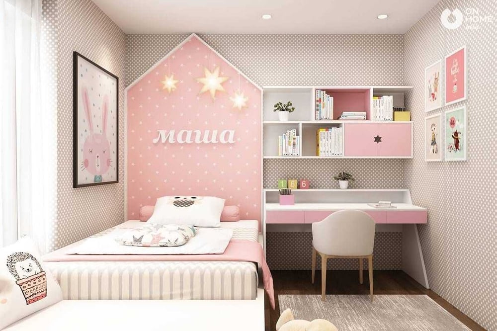 Giường ngủ bé gái với màu hồng dịu dàng và đáng yêu