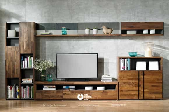 Kệ tivi kết hợp tủ sách bằng gỗ tự nhiên