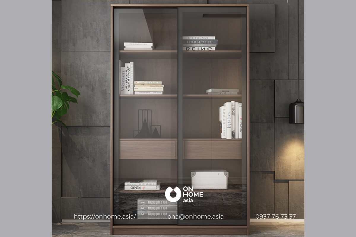 Tủ sách bằng gỗ kết hợp kính hiện đại, cao cấp