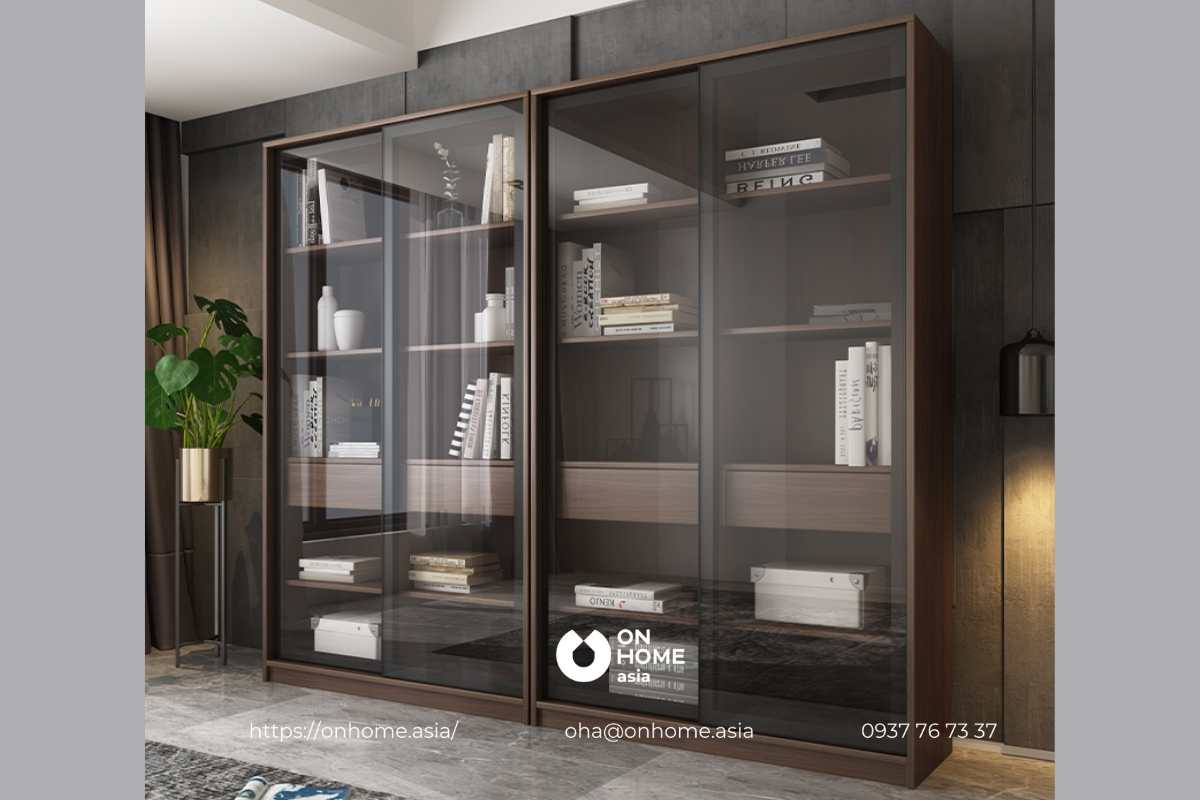 Tủ sách bằng gỗ kết hợp kính cao cấp