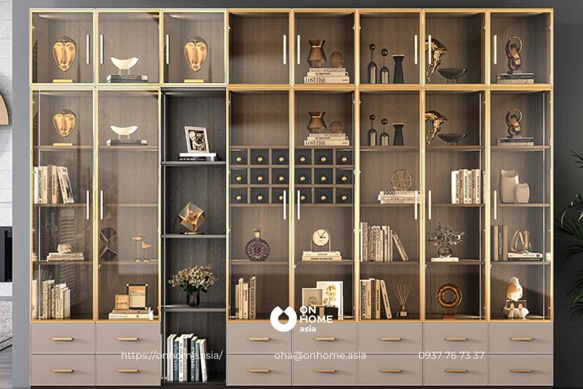 Tủ sách bằng sắt kết hợp kinh cao cấp