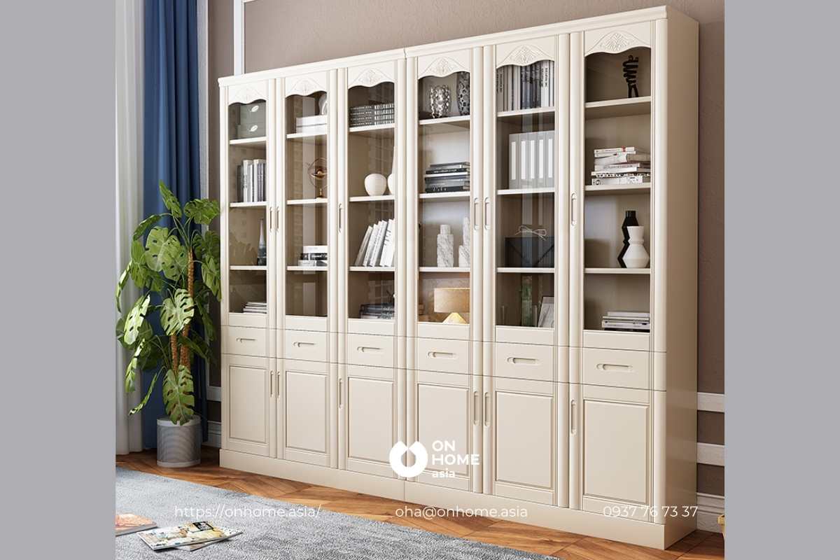 Kệ sách trắng bằng gỗ thiết kế đẹp, sang trọng